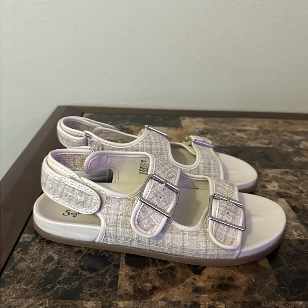 Seychelles White Tweed Fabric Double Buckle Slide Sandals 9